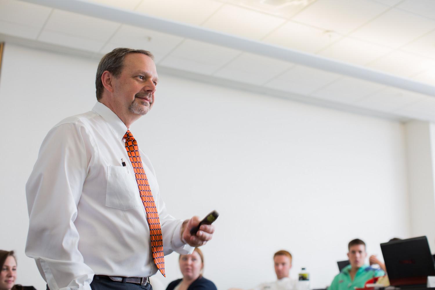 Carthage College Marketing and Management Professor JJ Shields teaches a class on the Carthage ca...