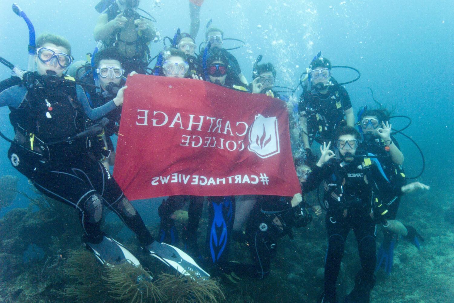 学生们手持<a href='http://yhc.hwanfei.com'>bv伟德ios下载</a>旗帜，在j学期洪都拉斯游学之旅中潜水.